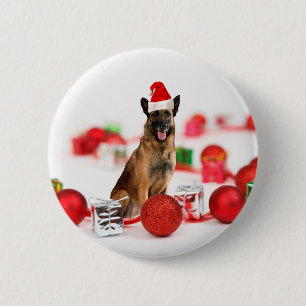 German Shepherd dog w Christmas Gifts Santa Hat 6 Cm Round Badge
