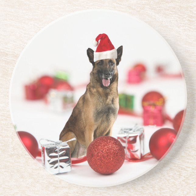 German Shepherd dog w Christmas Gifts Santa Hat Coaster (Front)