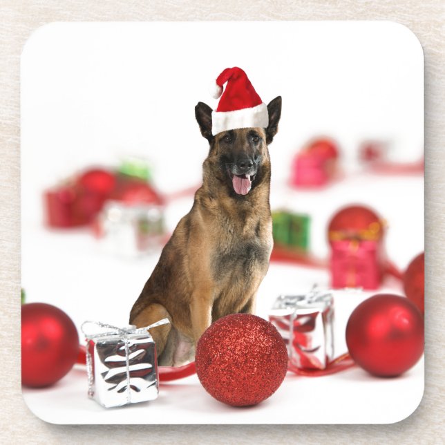 German Shepherd dog w Christmas Gifts Santa Hat Coaster (Front)