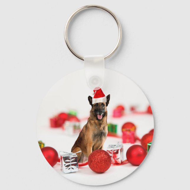 German Shepherd dog w Christmas Gifts Santa Hat Key Ring (Front)