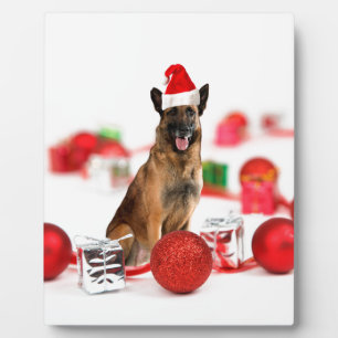 German Shepherd dog w Christmas Gifts Santa Hat Plaque