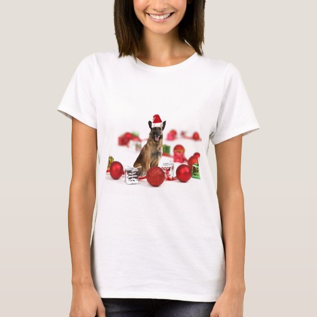 German Shepherd dog w Christmas Gifts Santa Hat T-Shirt (Front)