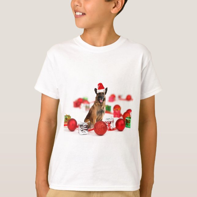 German Shepherd dog w Christmas Gifts Santa Hat T-Shirt (Front)