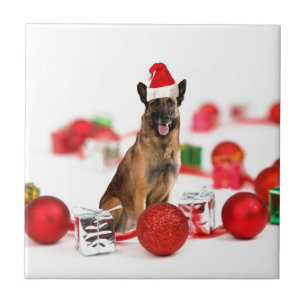 German Shepherd dog w Christmas Gifts Santa Hat Tile