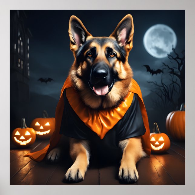 German Shepherd Dog w Pumpkins On Halloween Night Poster (Front)