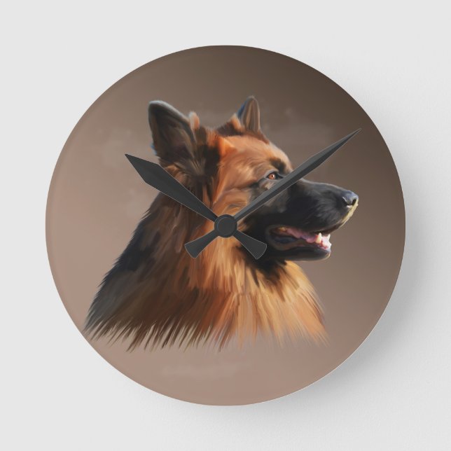 German Shepherd Dog Watercolor Art Portrait Round Clock (Front)