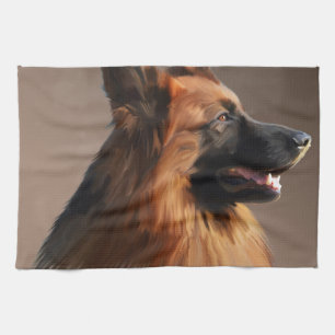 German Shepherd Dog Watercolor Art Portrait Tea Towel