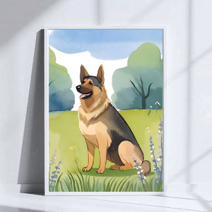 German Shepherd Dog Watercolor Painting Poster