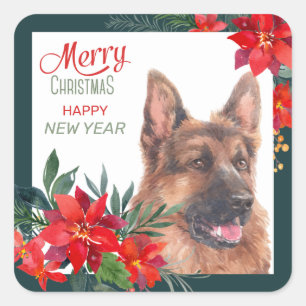 German Shepherd Dog Watercolor Poinsettia Holiday  Square Sticker