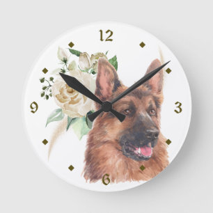German Shepherd Dog White Rose Bouquet Round Clock