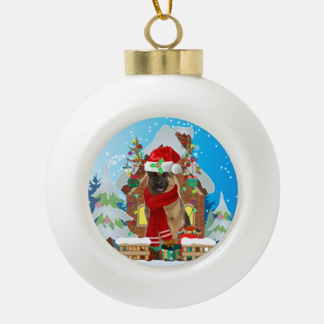 German Shepherd dog with Christmas gifts Ceramic Ball Christmas Ornament (Front)