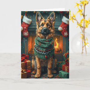 German Shepherd Dog With Christmas Gifts Fireplace Card