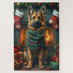 German Shepherd Dog With Christmas Gifts Fireplace Jigsaw Puzzle
