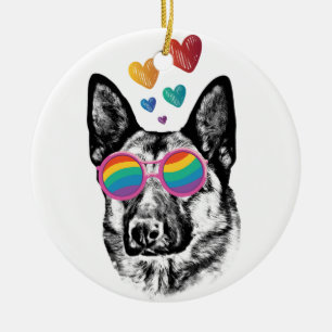 German Shepherd Dog with Hearts Valentine's Day Ceramic Tree Decoration