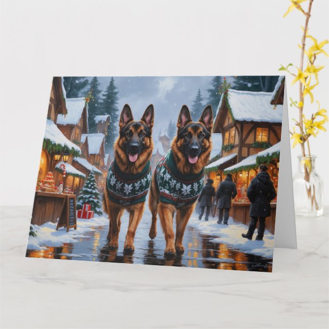 German Shepherd Dogs Christmas Snow Holiday Card (Yellow Flower)