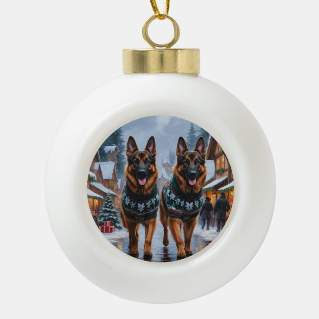 German Shepherd Dogs Christmas Snow Holiday Ceramic Ball Christmas Ornament (Front)
