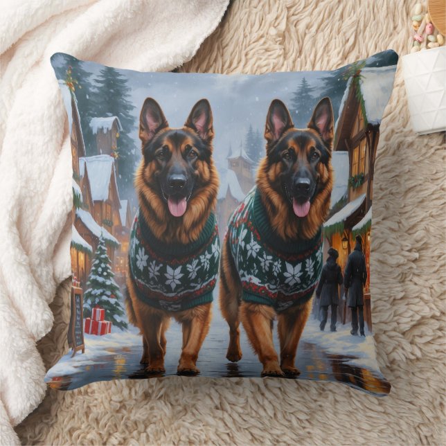 German Shepherd Dogs Christmas Snow Holiday Cushion (Blanket)