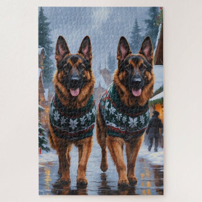 German Shepherd Dogs Christmas Snow Holiday Jigsaw Puzzle (Vertical)