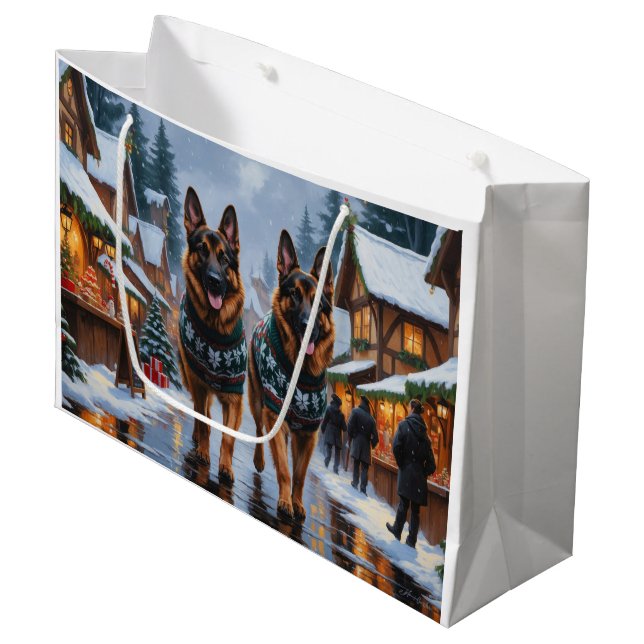 German Shepherd Dogs Christmas Snow Holiday Large Gift Bag (Front Angled)