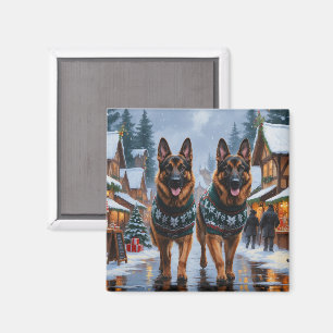 German Shepherd Dogs Christmas Snow Holiday Magnet