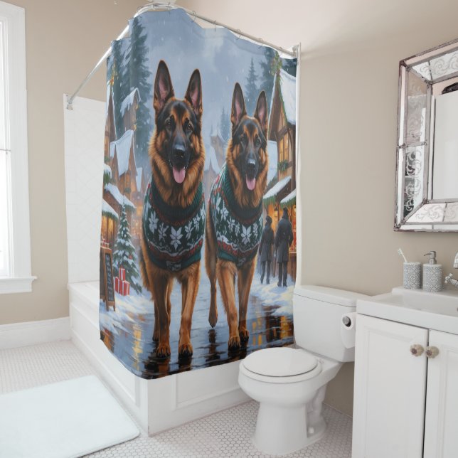 German Shepherd Dogs Christmas Snow Holiday Shower Curtain (In Situ)