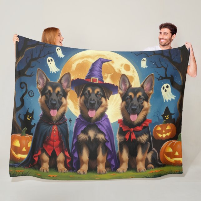 German Shepherd Dogs Pumpkin Halloween Funny Fleece Blanket (In Situ)