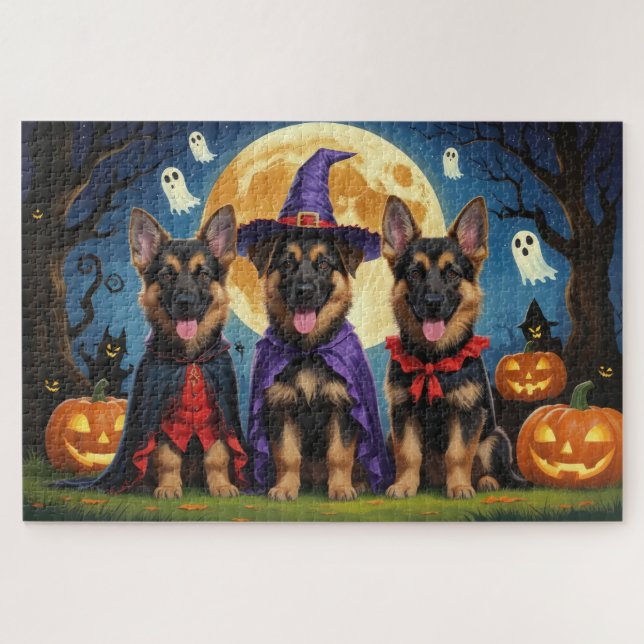German Shepherd Dogs Pumpkin Halloween Funny Jigsaw Puzzle (Horizontal)