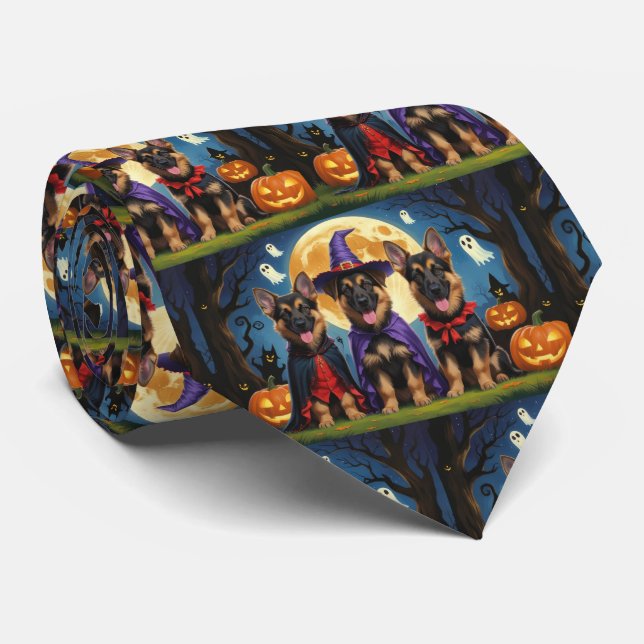 German Shepherd Dogs Pumpkin Halloween Funny Tie (Rolled)