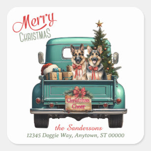 German Shepherd Dogs Retro Truck Christmas Square Sticker