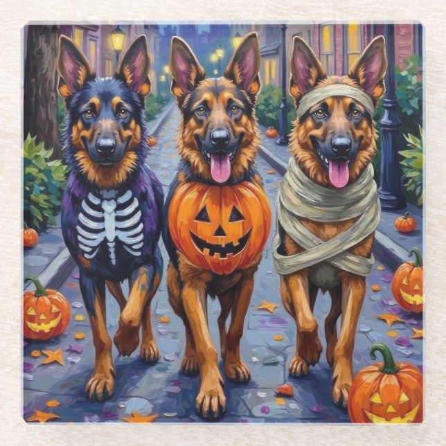 German Shepherd Dogs Trick-or-Treating Halloween Glass Coaster (Front)