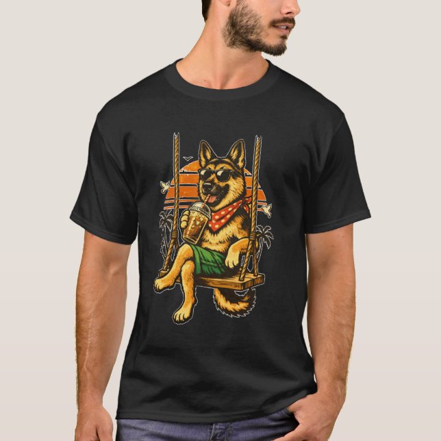 German Shepherd Drinking ice Coffee on a Swing DIG T-Shirt (Front)