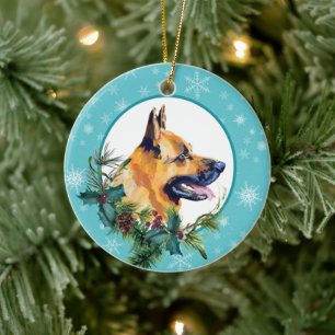 German Shepherd Evergreen Blue Snowflake Border Ceramic Tree Decoration