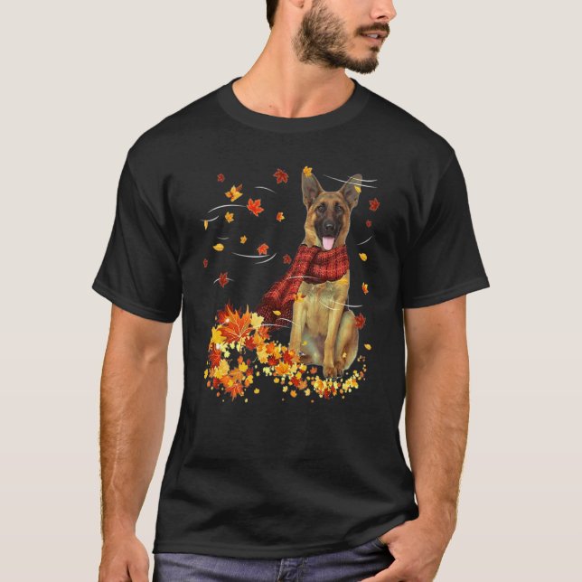 German Shepherd Fall Scarf Dogs Autumn Leaves T-Shirt (Front)