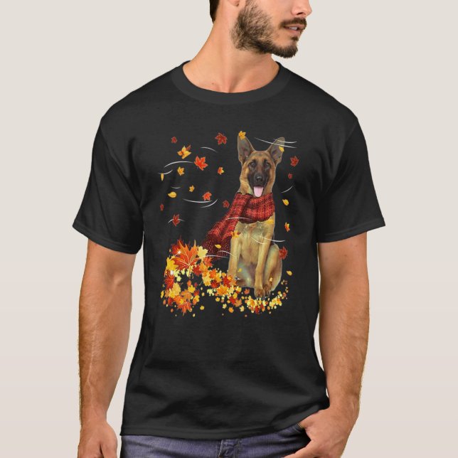 German Shepherd Fall Scarf Dogs Autumn Leaves T-Shirt (Front)