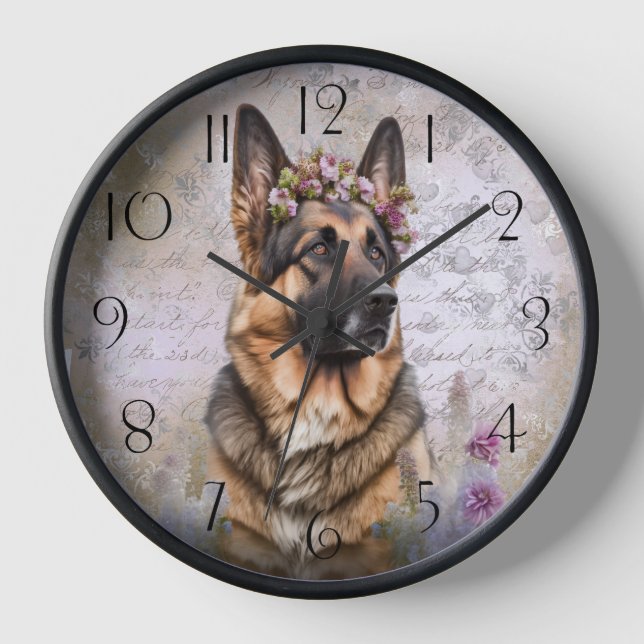 German Shepherd Floral Dog Clock (Front)