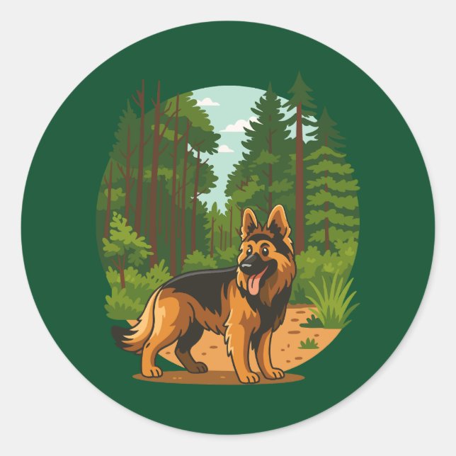 German Shepherd Forest Adventure Dog  Classic Round Sticker (Front)