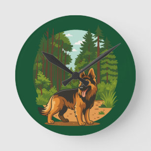 German Shepherd Forest Adventure Dog  Round Clock