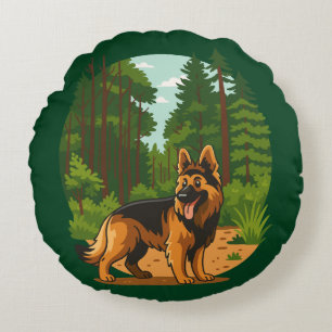 German Shepherd Forest Adventure Dog  Round Cushion