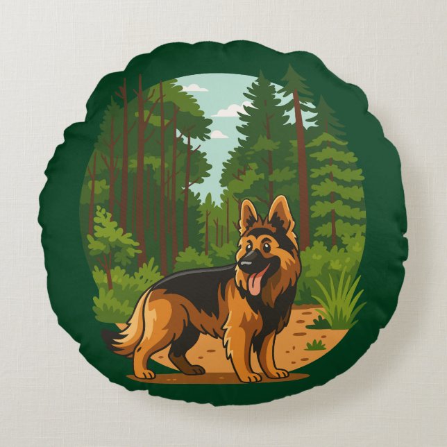 German Shepherd Forest Adventure Dog  Round Cushion (Front)