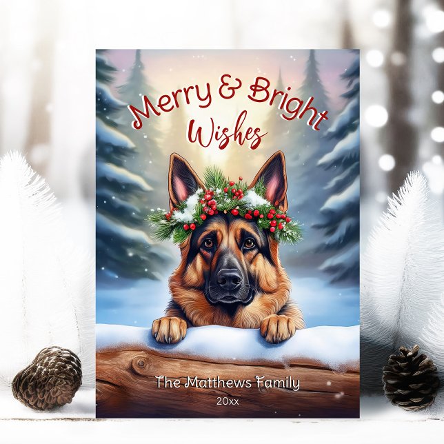 German Shepherd Forest Pet Portrait Merry & Bright Holiday Card (Adorable Winter Snowy Scene With Peeking Dogs or Farm/Woodland Animals - Over 50 to Choose From!)