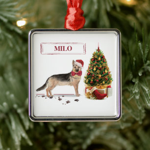 German Shepherd Funny Christmas Dog with Tree Metal Tree Decoration
