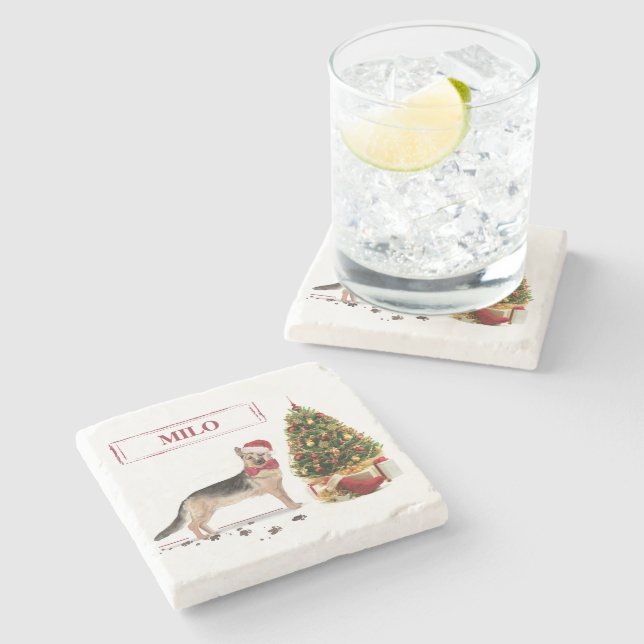 German Shepherd Funny Christmas Dog with Tree Stone Coaster (Side)