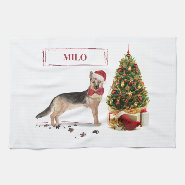 German Shepherd Funny Christmas Dog with Tree Tea Towel (Horizontal)