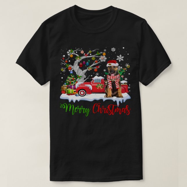German Shepherd GSD Red Truck Merry Christmas Tree T-Shirt (Design Front)