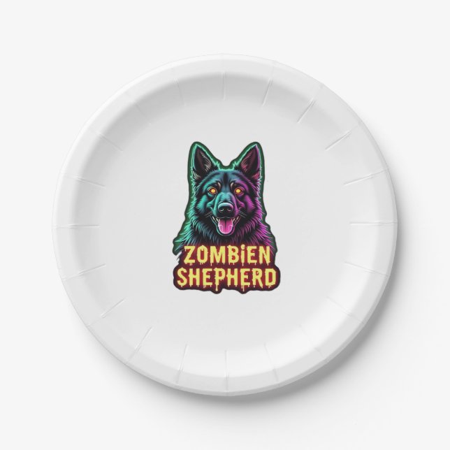 German Shepherd GSD Shep Zombie Dog Halloween Esse Paper Plate (Front)