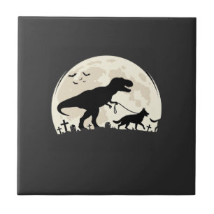 German Shepherd Halloween Dinosaur Moon Silhouette Tile