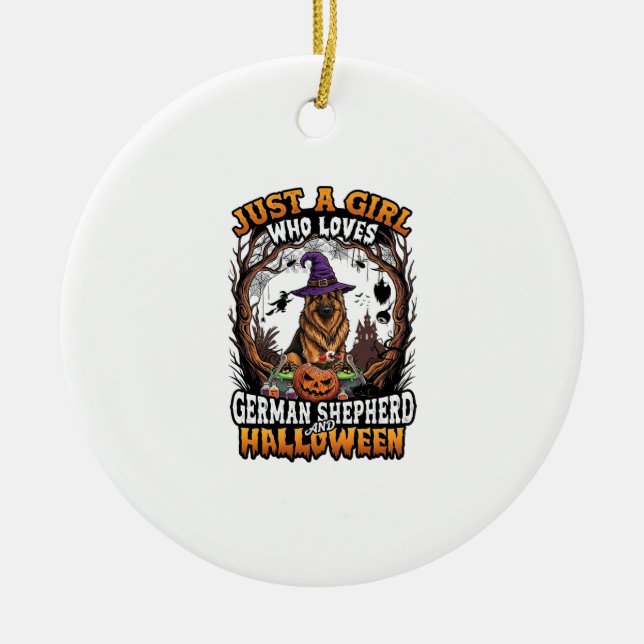 German Shepherd Halloween Dog Witch Hat Pumpkin_1 Ceramic Tree Decoration (Front)