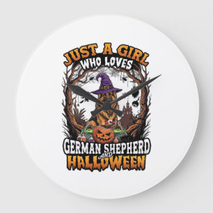 German Shepherd Halloween Dog Witch Hat Pumpkin_1 Large Clock