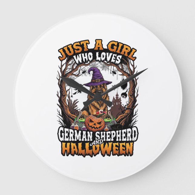 German Shepherd Halloween Dog Witch Hat Pumpkin_1 Large Clock (Front)