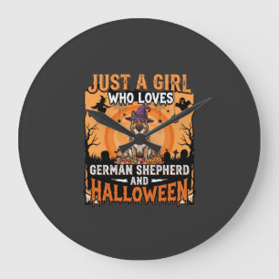 German Shepherd Halloween Girl Witch Dog Design Large Clock